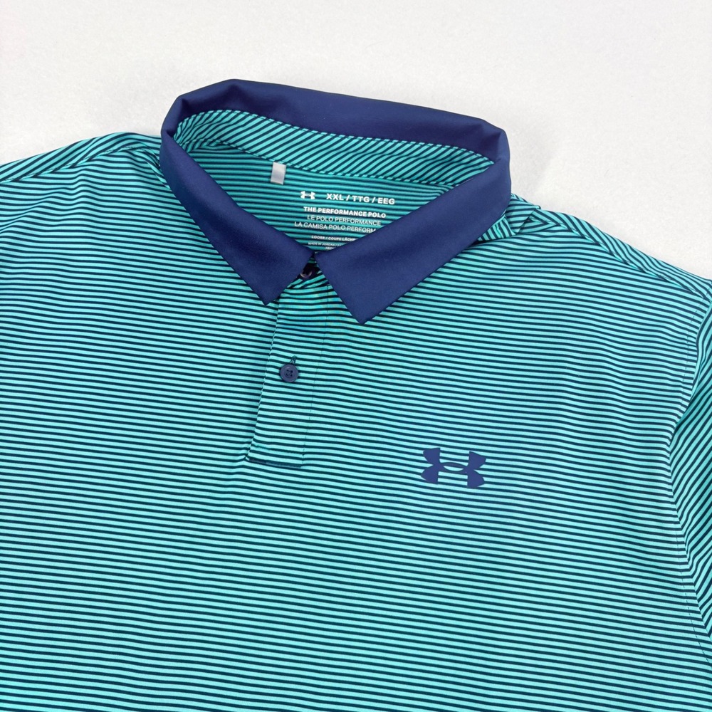 Under Armour Performance Golf Polo Men XXL Teal Navy Striped Loose Fit Excellent
